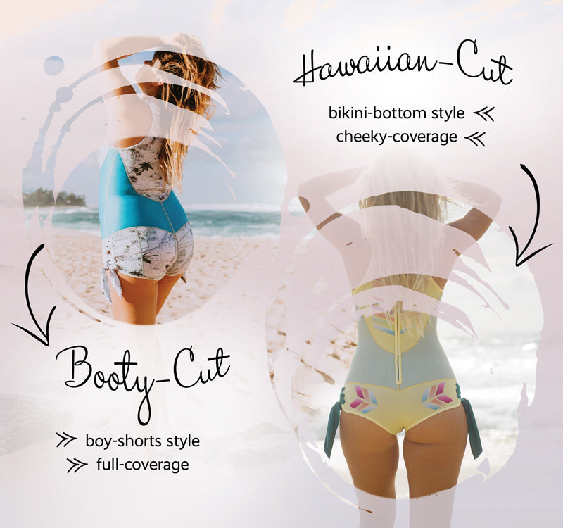 comparison of Booty-cut and Hawaiian-cut bottom options